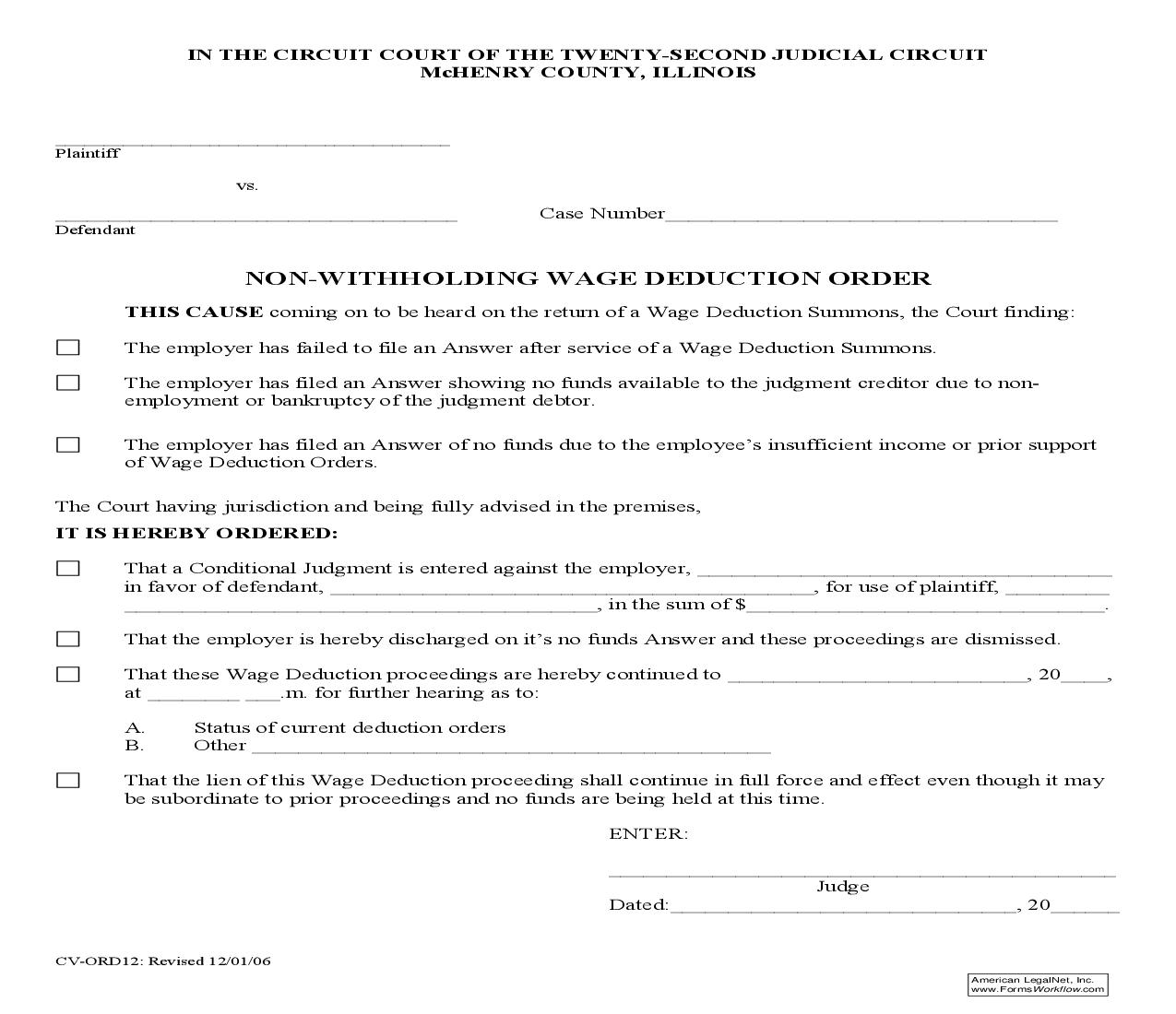 Non-Withholding Wage Deduction Order {CV-ORD12} | Pdf Fpdf Doc Docx | Illinois