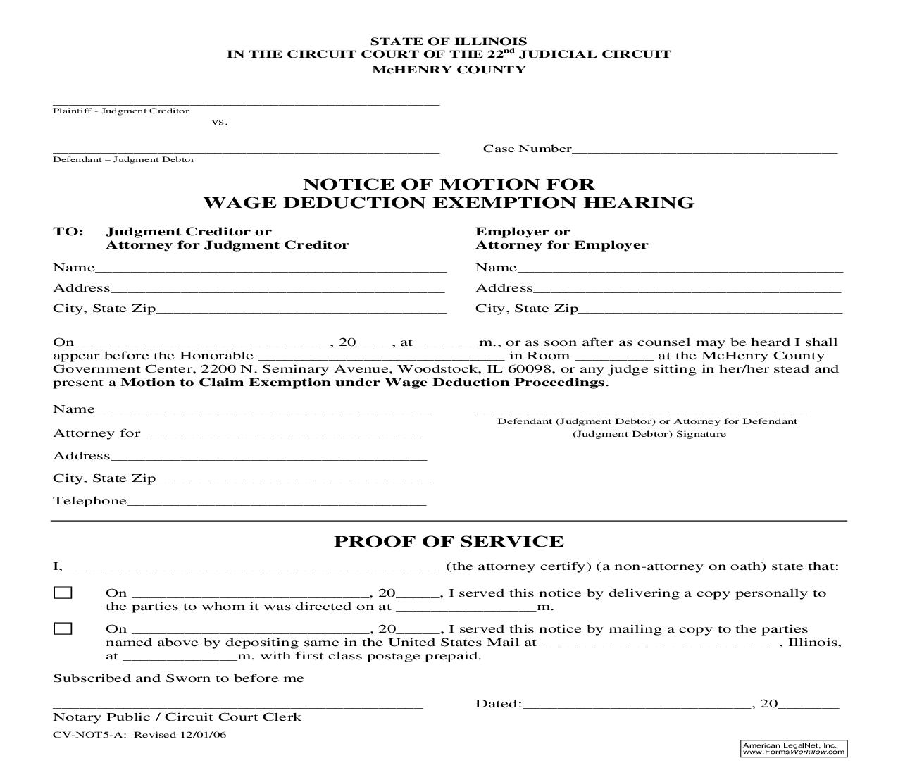Notice Of Motion For Wage Deduction Exemption Hearing {CV-NOT5-A} | Pdf Fpdf Doc Docx | Illinois