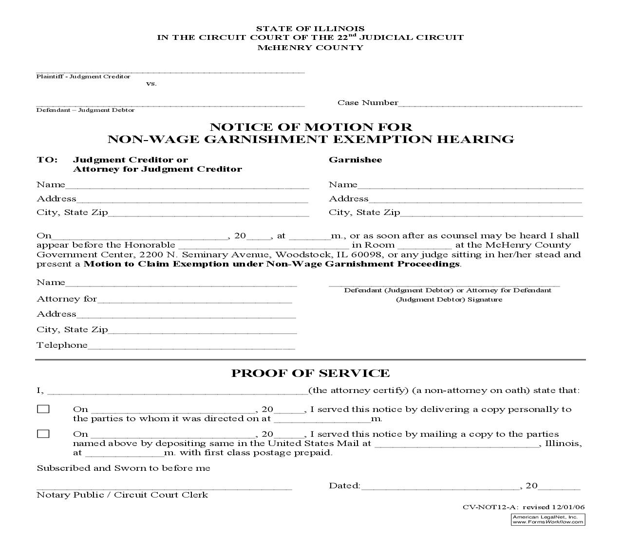 Notice Of Motion Non Wage Garnishment Exempt Hearing {CV-NOT12-A} | Pdf Fpdf Doc Docx | Illinois