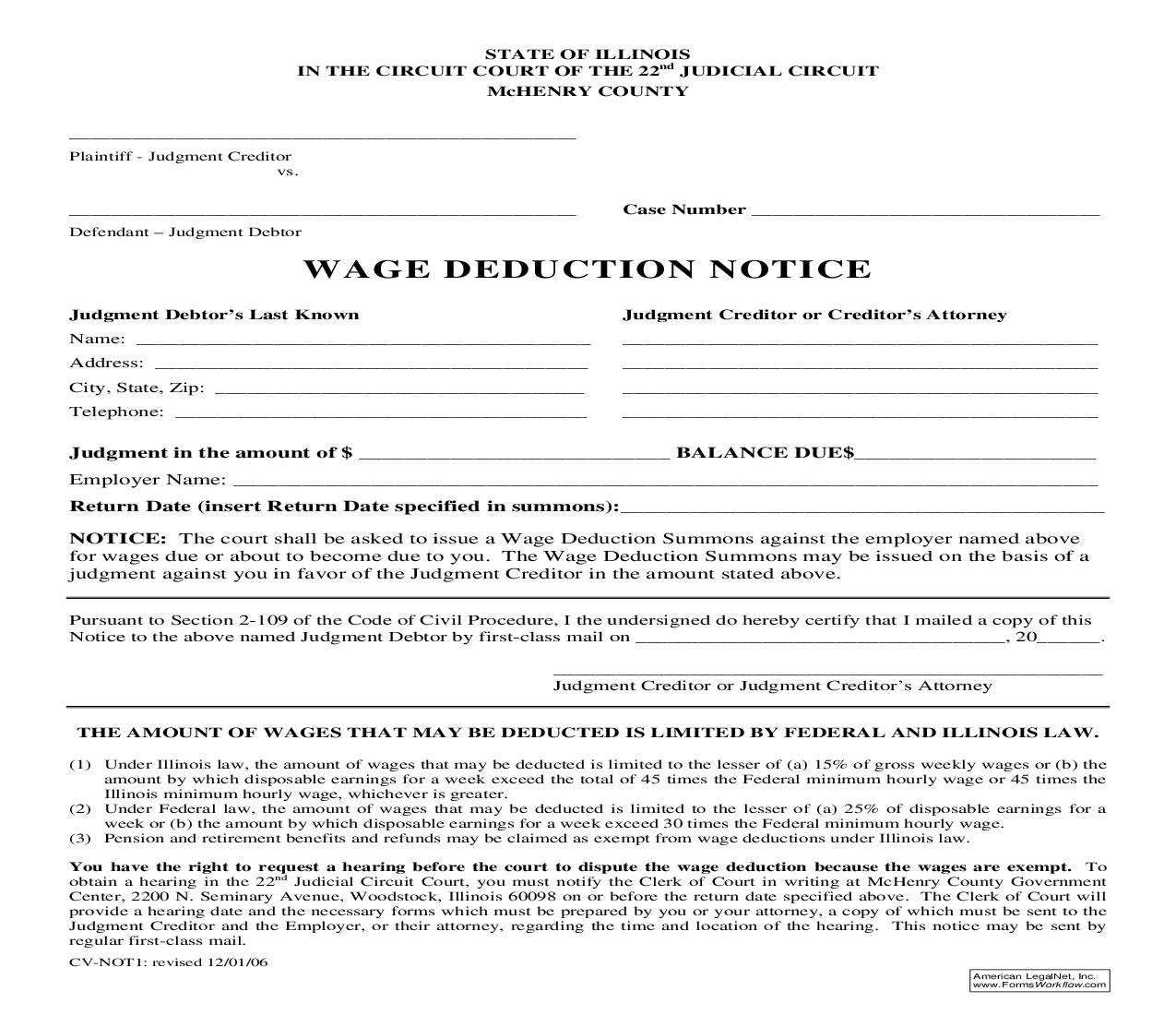 Wage Deduction Notice {CV-NOT1} | Pdf Fpdf Doc Docx | Illinois