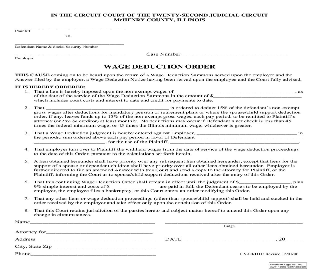 Wage Deduction Order {CV-ORD11} | Pdf Fpdf Doc Docx | Illinois