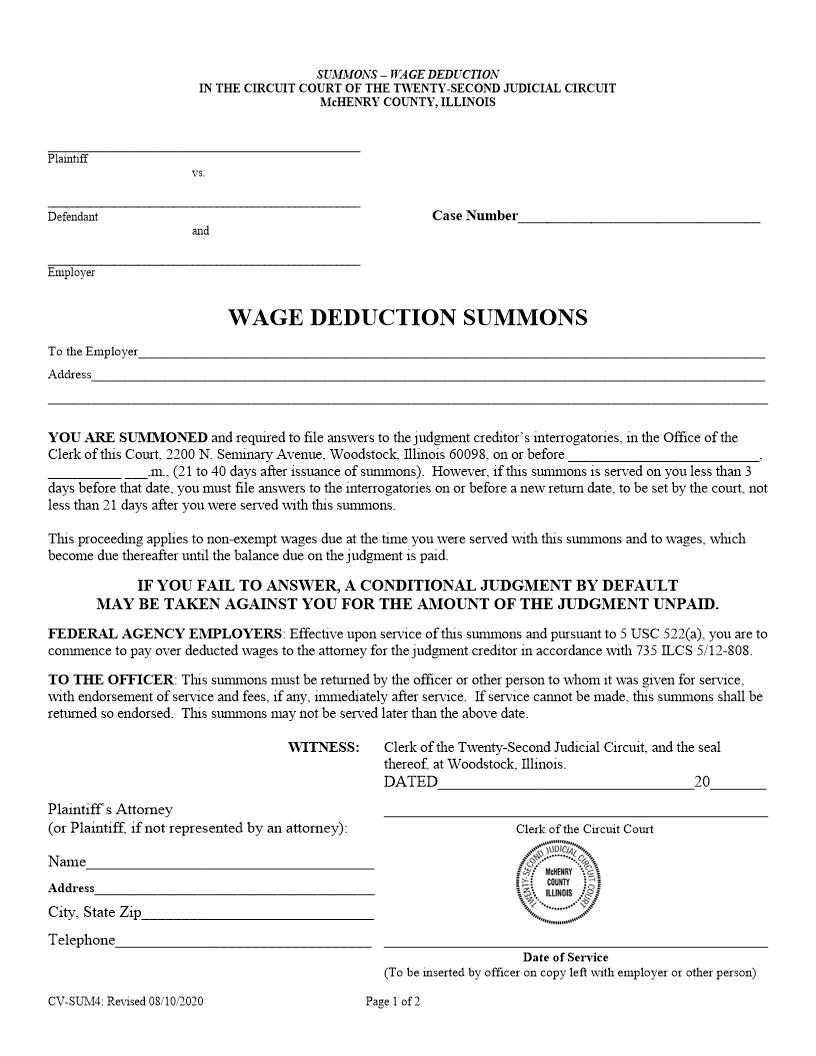 Wage Deduction Summons {CV-SUM4} | Pdf Fpdf Doc Docx | Illinois