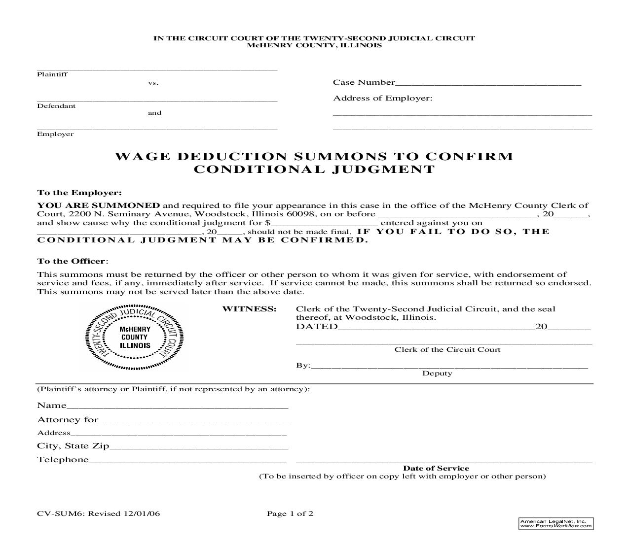 Wage Deduction Summons To Confirm Conditional Judgment {CV-SUM6} | Pdf Fpdf Doc Docx | Illinois