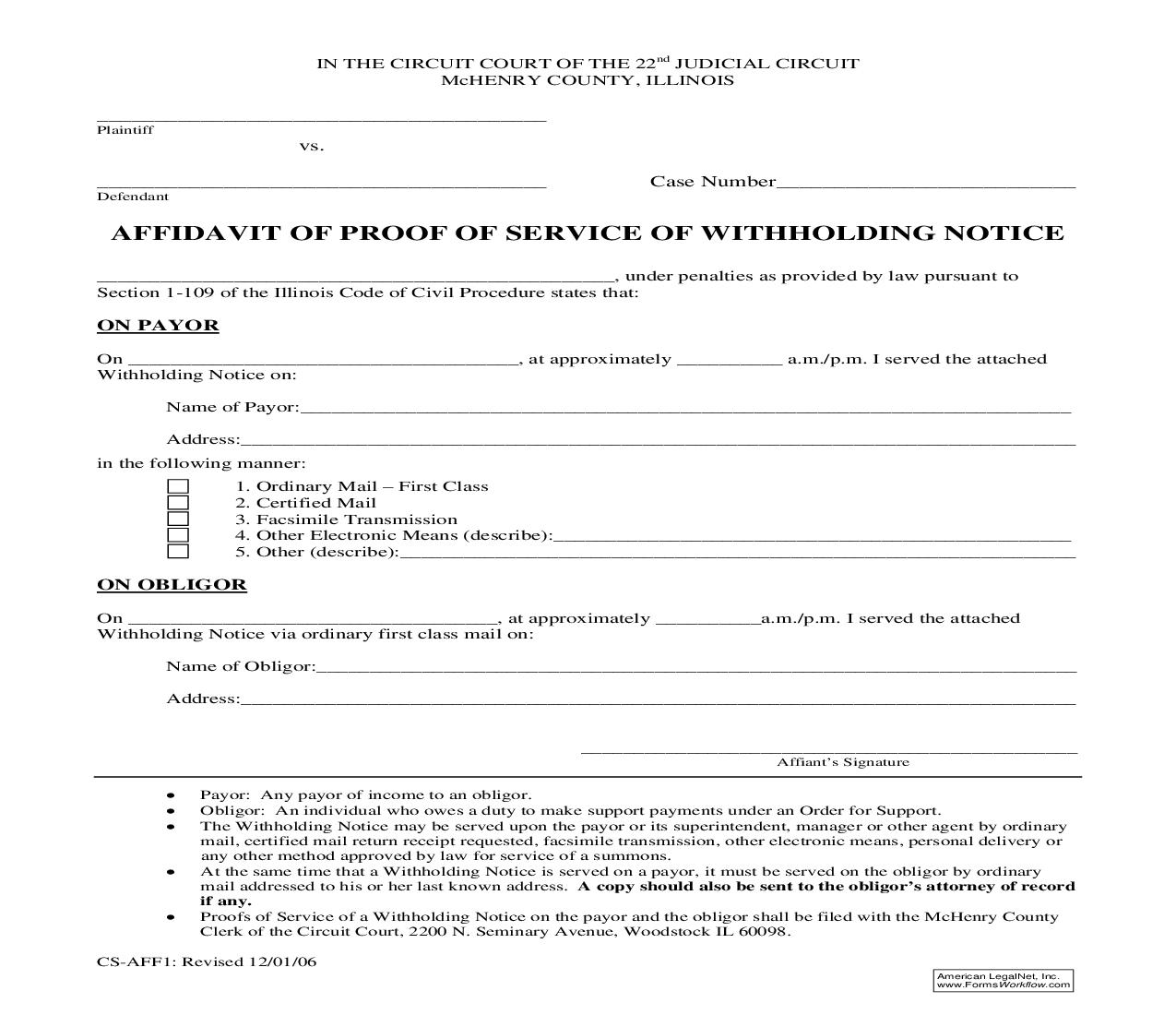 Affidavit Of Proof Of Service Of Withholding Notice {CS-AFF1} | Pdf Fpdf Doc Docx | Illinois