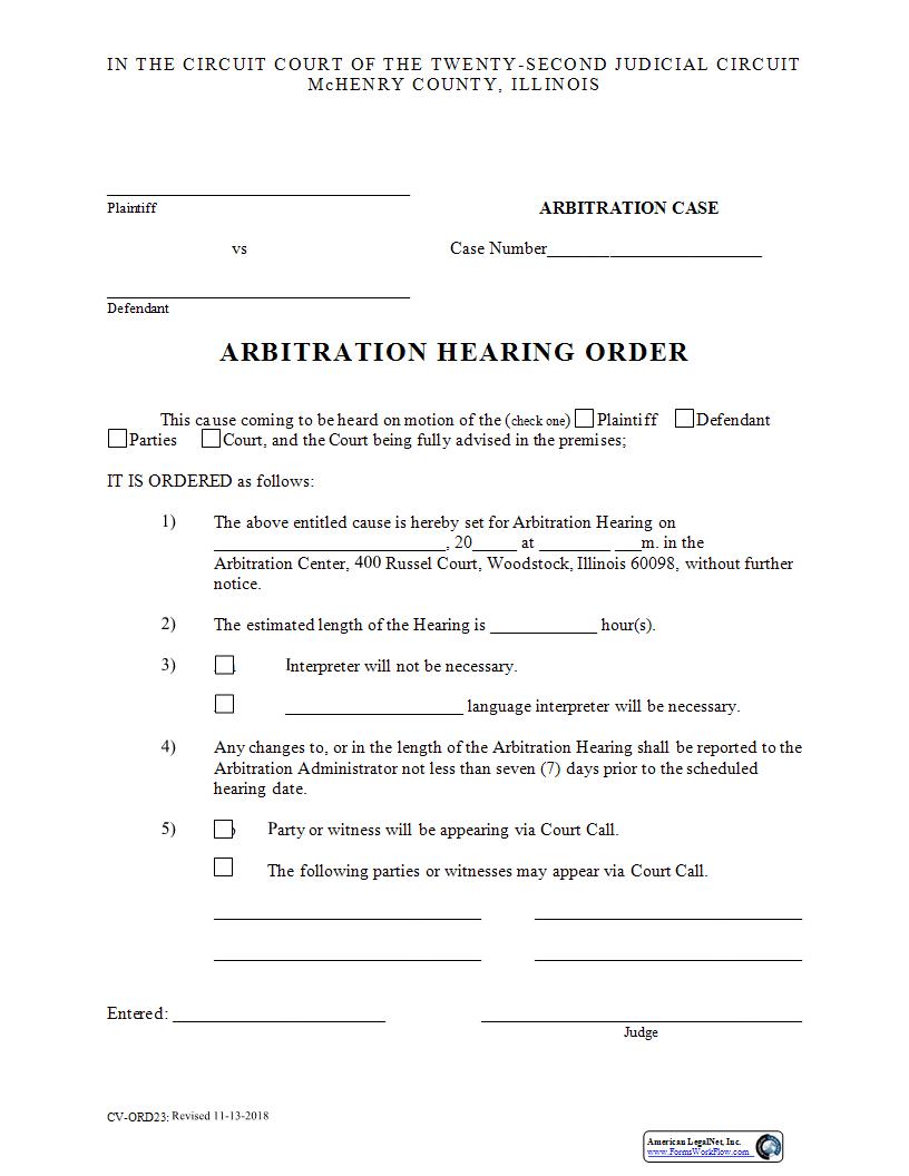 Arbitration Hearing Order {CV-ORD23} | Pdf Fpdf Docx | Illinois