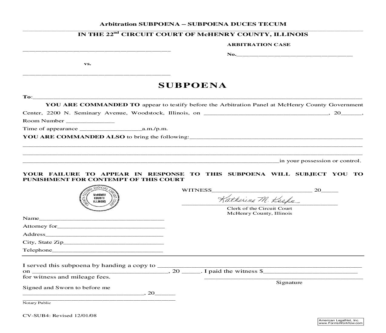 Arbitration Subpoena-Subpoena Duces Tecum {CV-SUB4} | Pdf Fpdf Doc Docx | Illinois