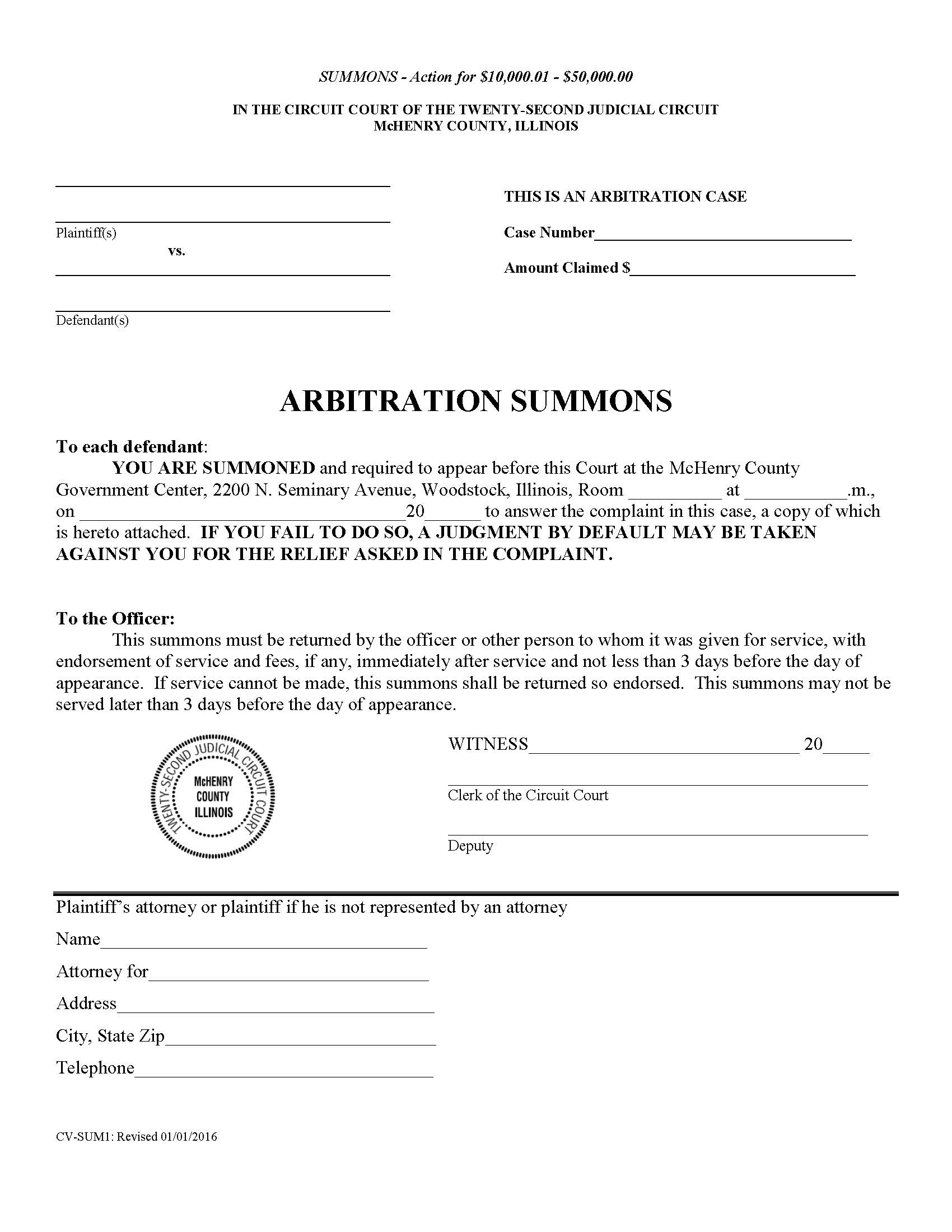 Arbitration Summons {CV-SUM1} | Pdf Fpdf Docx | Illinois