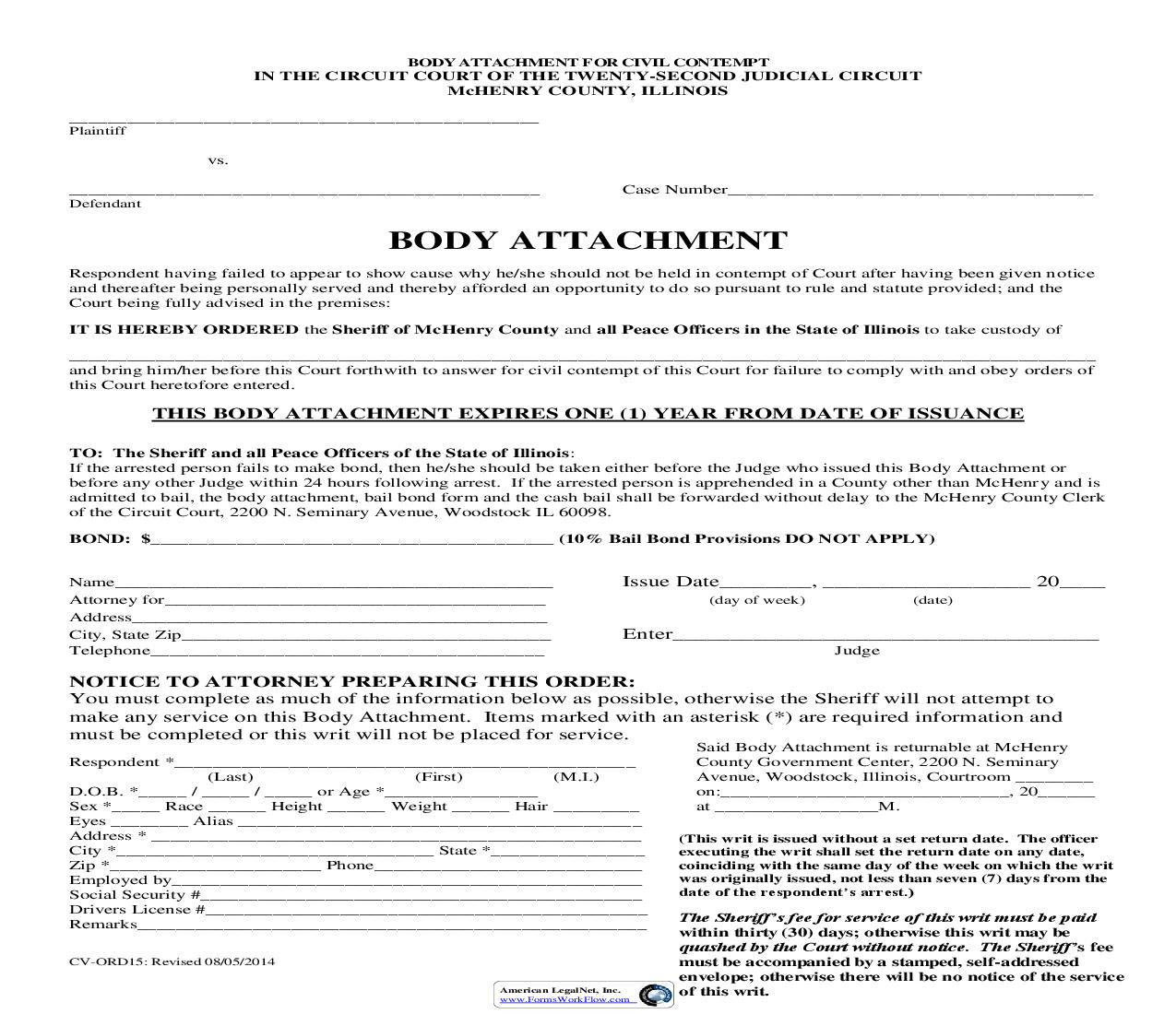 Body Attachment (For Civil Contempt) {CV-ORD15} | Pdf Fpdf Doc Docx | Illinois