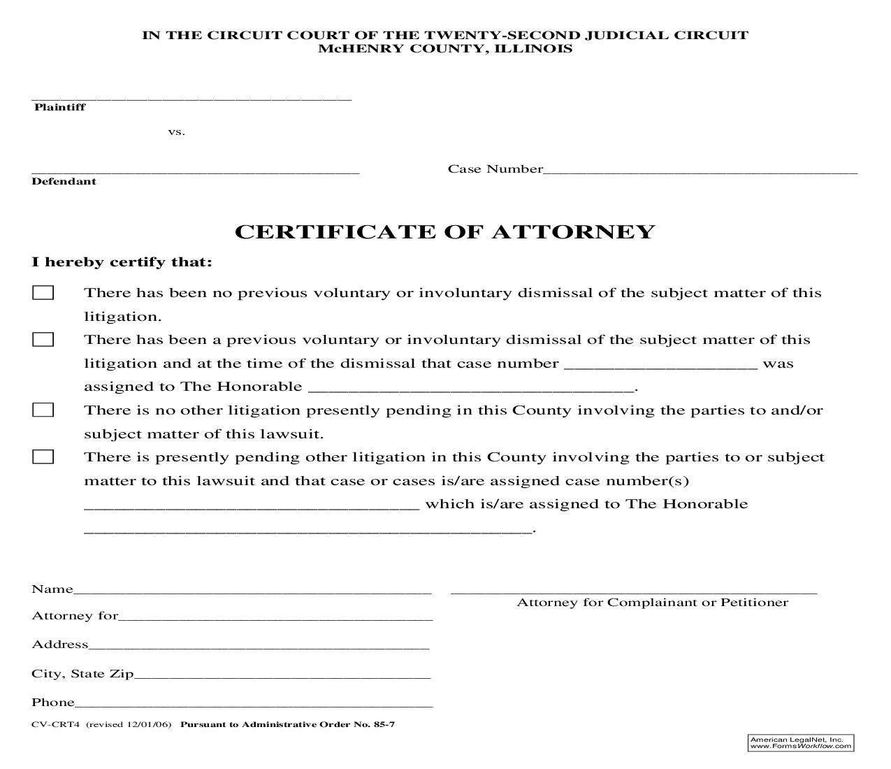 Certificate Of Attorney {CV-CRT4} | Pdf Fpdf Doc Docx | Illinois