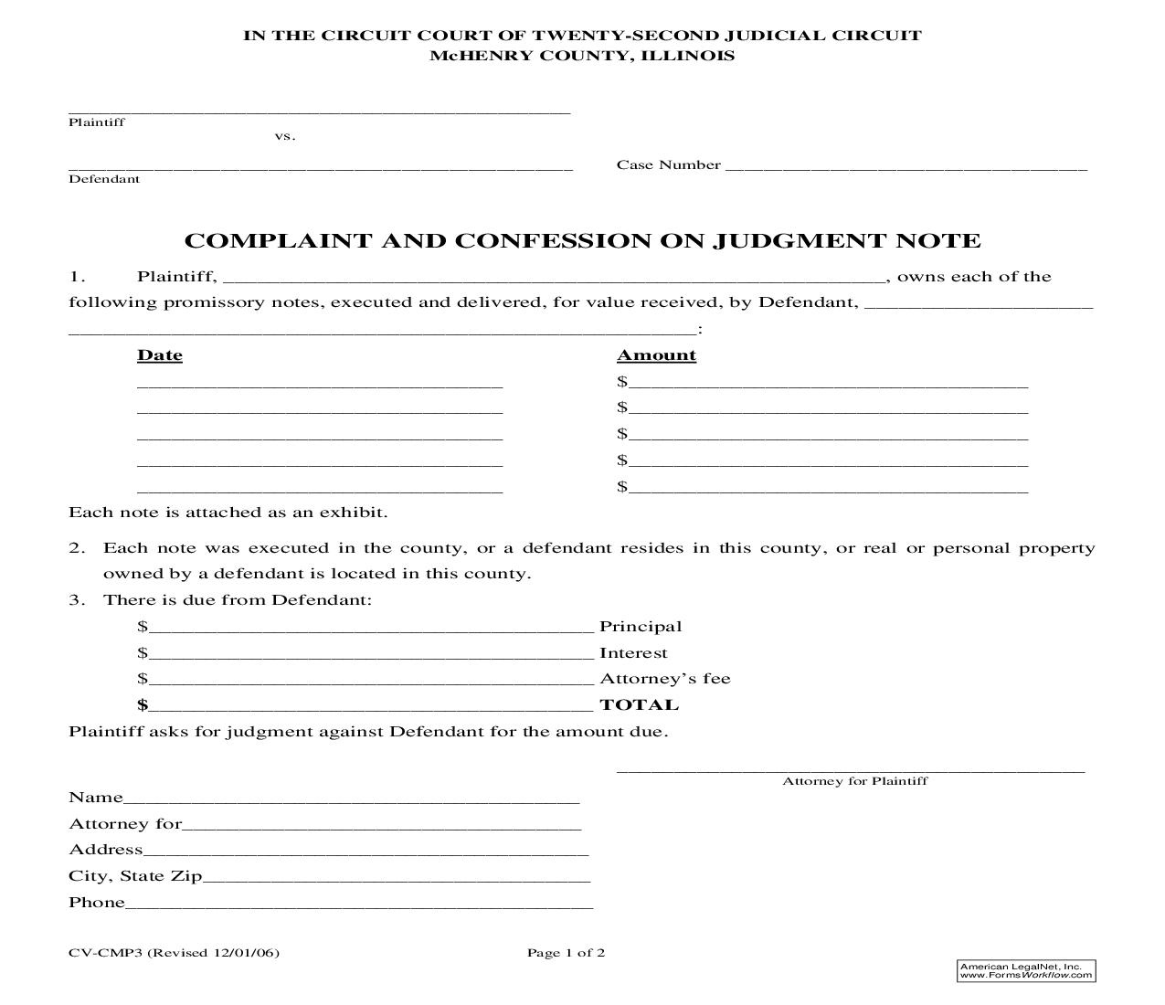 Complaint And Confession On Judgment Note {CV-CMP3} | Pdf Fpdf Doc Docx | Illinois