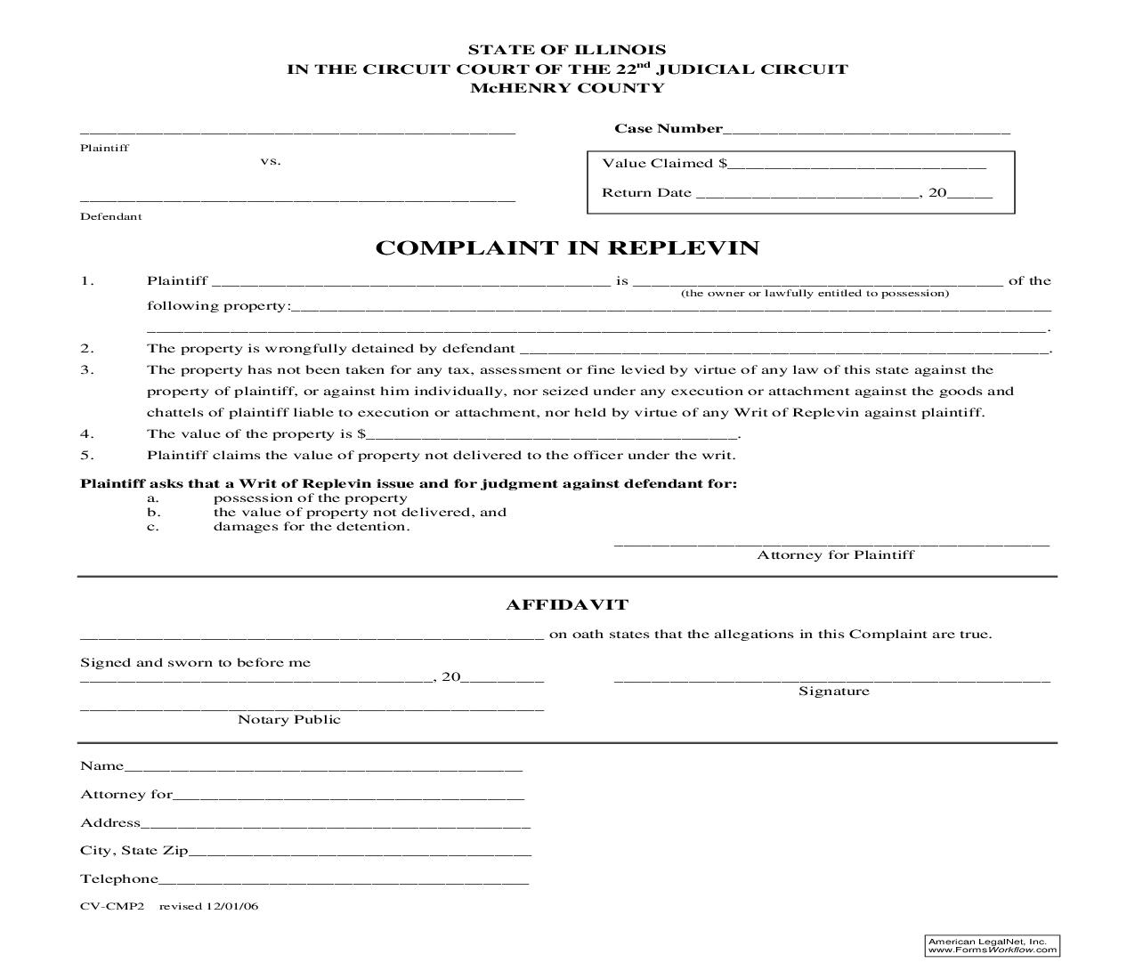 Complaint In Replevin {CV-CMP2} | Pdf Fpdf Doc Docx | Illinois