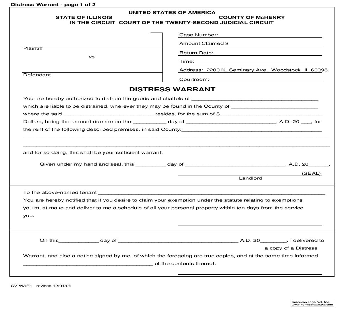 Distress Warrant {CV-WAR1} | Pdf Fpdf Doc Docx | Illinois