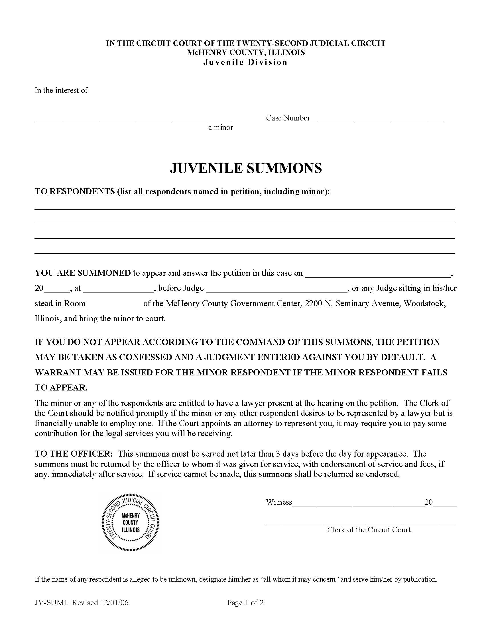 Juvenile Summons {JV-SUM1} | Pdf Fpdf Doc Docx | Illinois