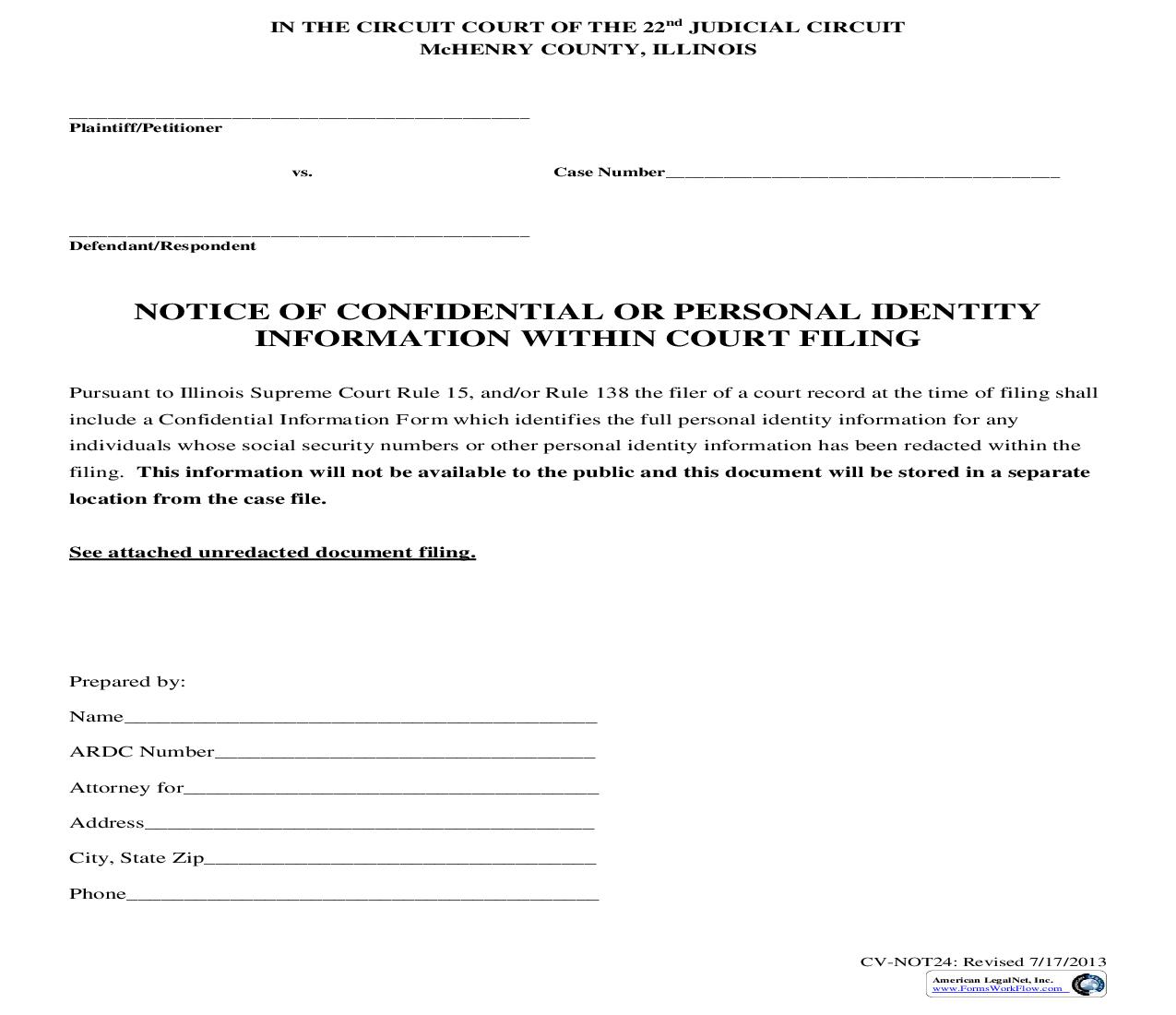 Notice Of Confidential Information Within Court Filing {CV-NOT24} | Pdf Fpdf Doc Docx | Illinois