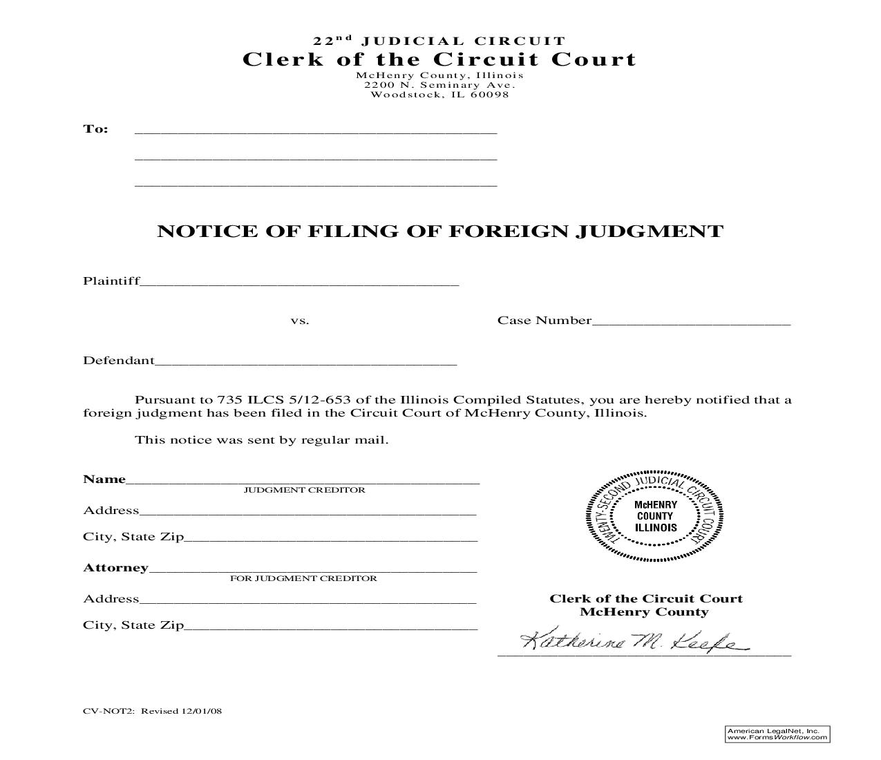 Notice Of Filing Of Foreign Judgment {CV-NOT2} | Pdf Fpdf Doc Docx | Illinois