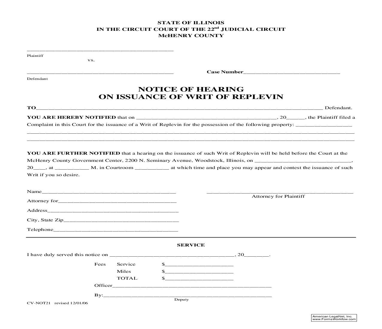 Notice Of Hearing On Issuance Of Writ Of Replevin {CV-NOT21} | Pdf Fpdf Doc Docx | Illinois