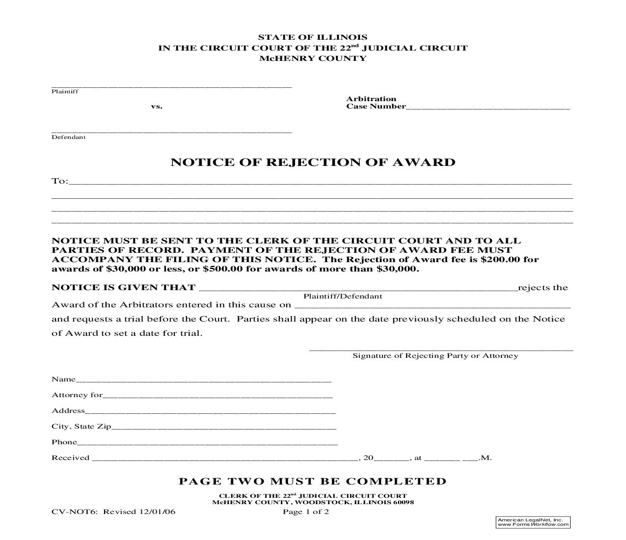 Notice Of Rejection Of Award {CV-NOT6} | Pdf Fpdf Doc Docx | Illinois