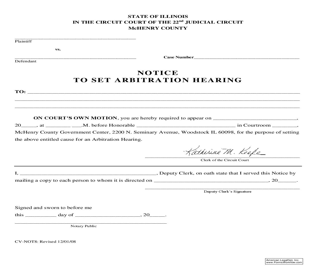 Notice To Set Arbitration Hearng {CV-NOT8} | Pdf Fpdf Doc Docx | Illinois