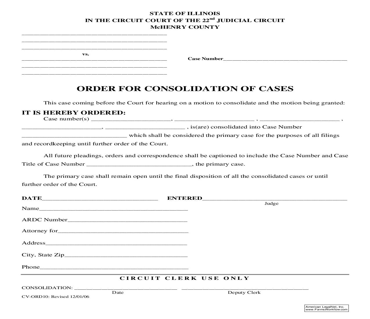 Order For Consolidation Of Cases {CV-ORD10} | Pdf Fpdf Doc Docx | Illinois