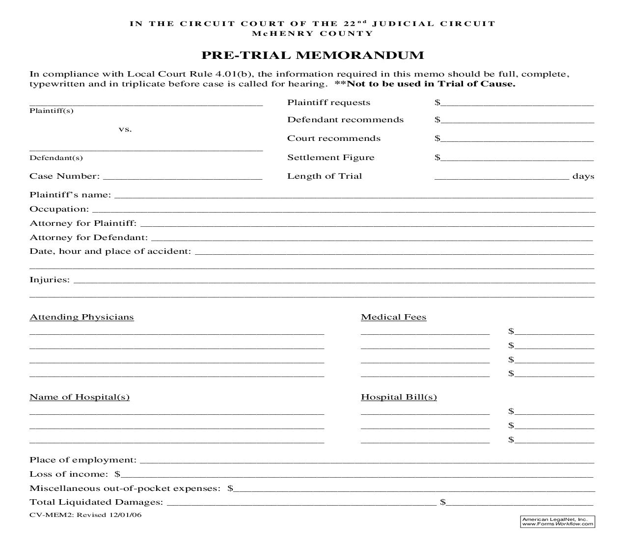 Pre-Trial Memorandum {CV-MEM2} | Pdf Fpdf Doc Docx | Illinois