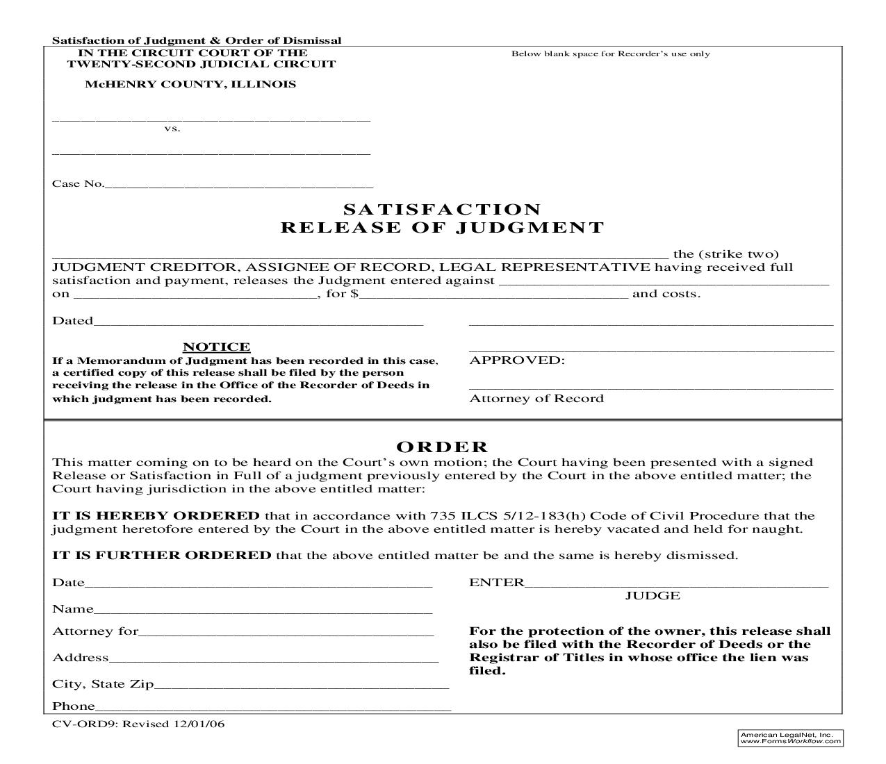 Satisfaction Release Of Judgment {CV-ORD9} | Pdf Fpdf Doc Docx | Illinois