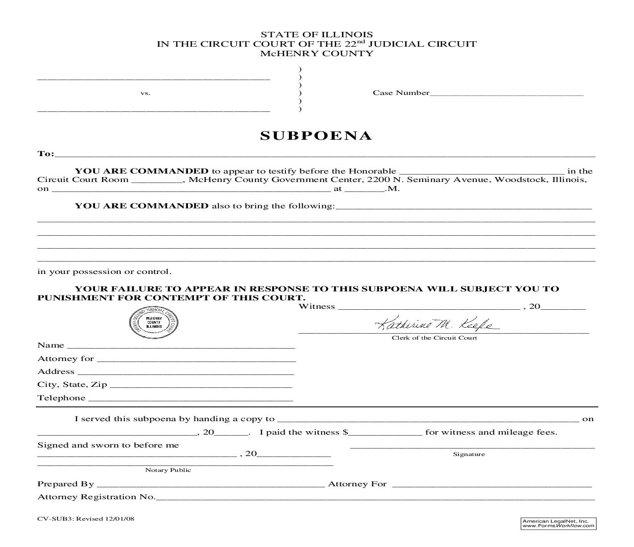 Subpoena {CV-SUB3} | Pdf Fpdf Doc Docx | Illinois