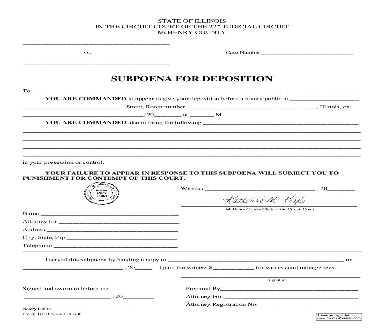 Subpoena For Deposition {CV-SUB1} | Pdf Fpdf Doc Docx | Illinois