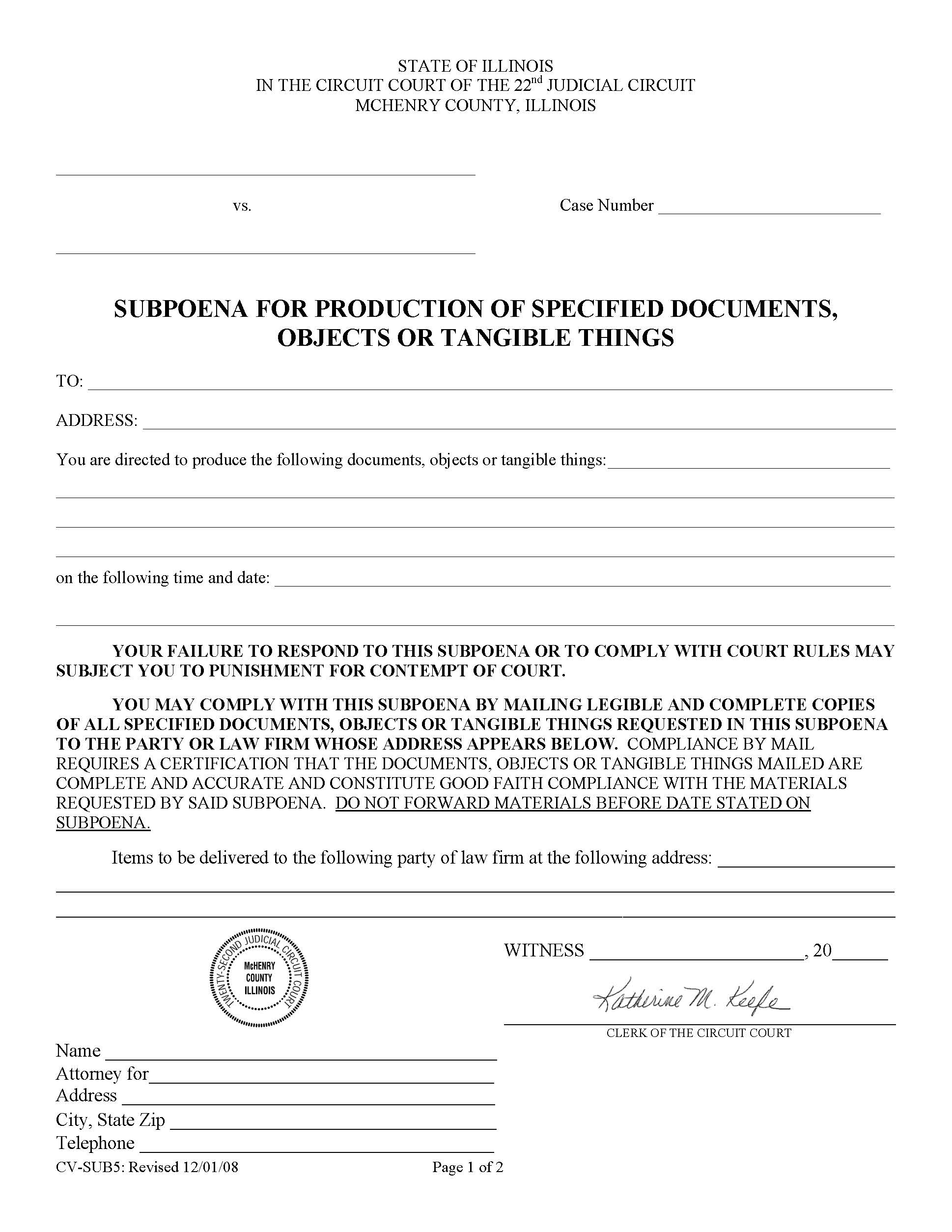 Subpoena For Production Of Specified Documents Objects Tangible Things {CV-SUB5} | Pdf Fpdf Doc Docx | Illinois