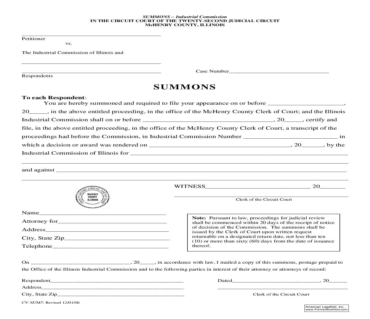 Summons - Industrial Commission {CV-SUM7} | Pdf Fpdf Doc Docx | Illinois