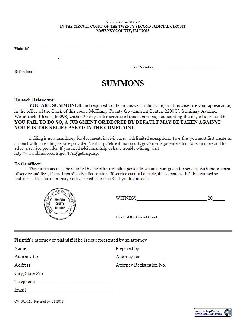 Summons 20 Day {CV-SUM15} | Pdf Fpdf Docx | Illinois