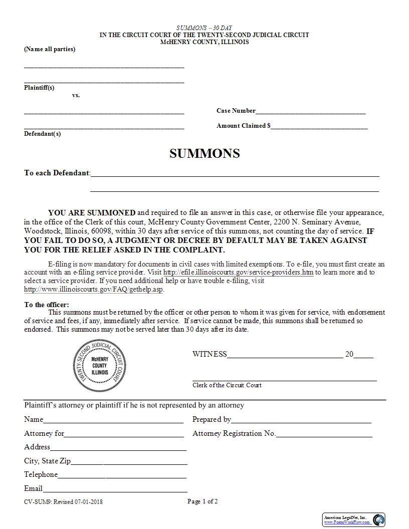Summons 30 Day {CV-SUM9} | Pdf Fpdf Docx | Illinois
