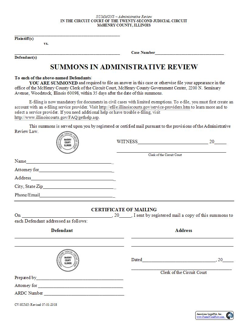Summons Administrative Review {CV-SUM5} | Pdf Fpdf Docx | Illinois