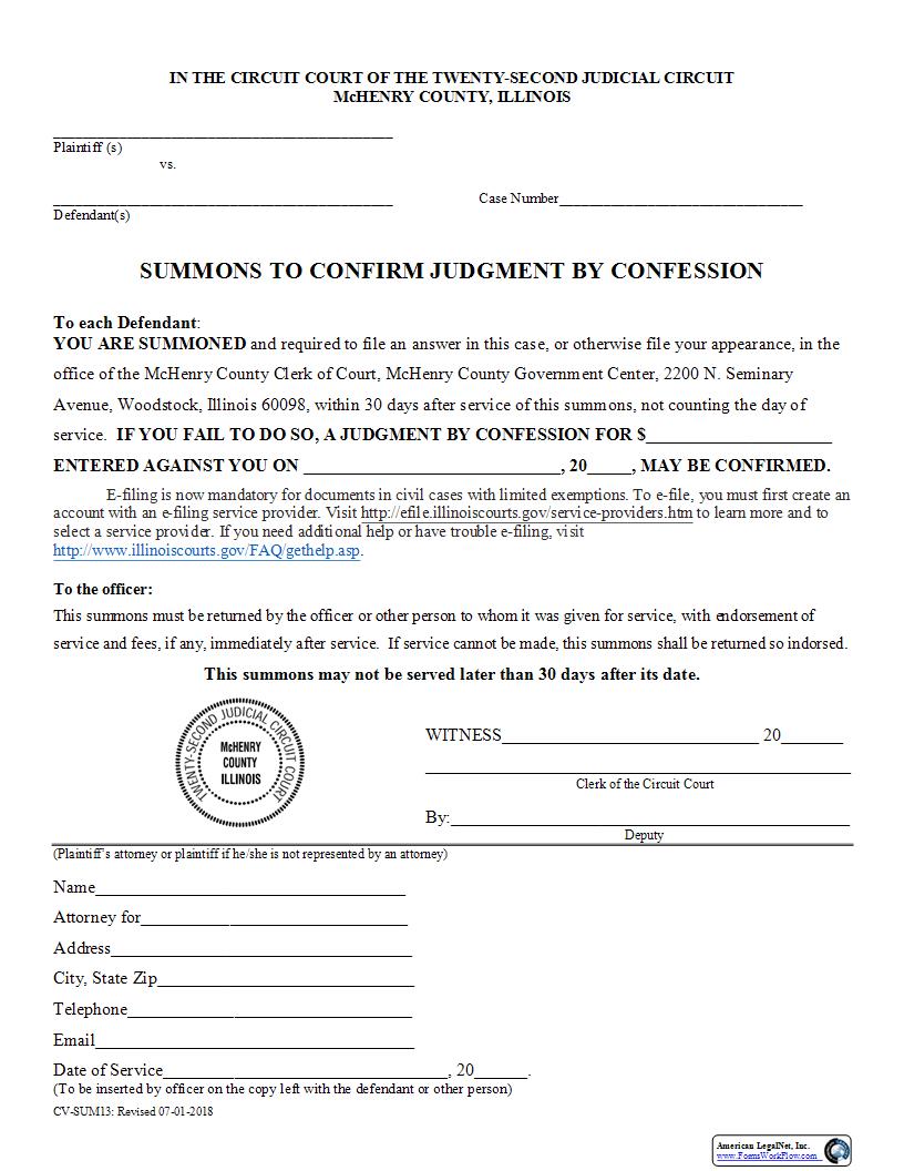 Summons Confirm Judgment By Confession {CV-SUM13} | Pdf Fpdf Docx | Illinois