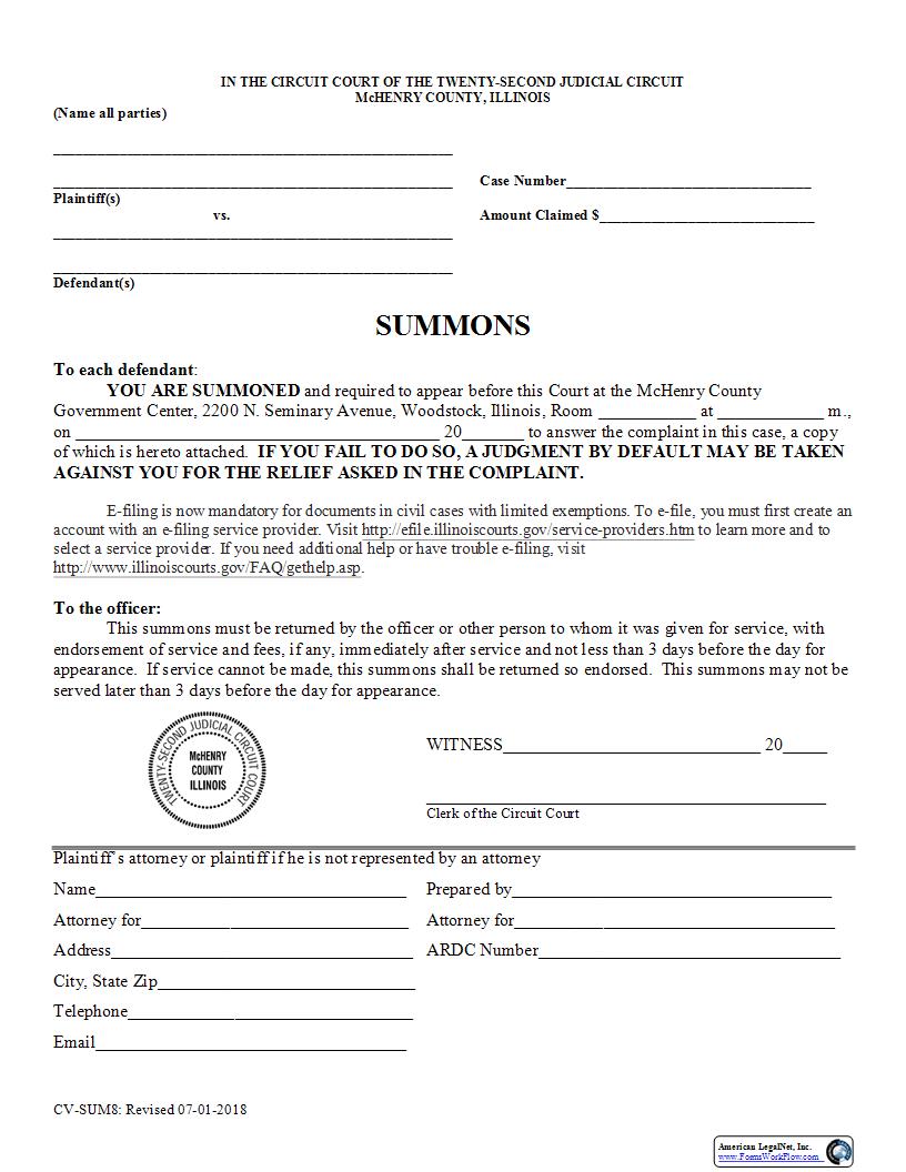 Summons LM or Replevin {CV-SUM8} | Pdf Fpdf Docx | Illinois