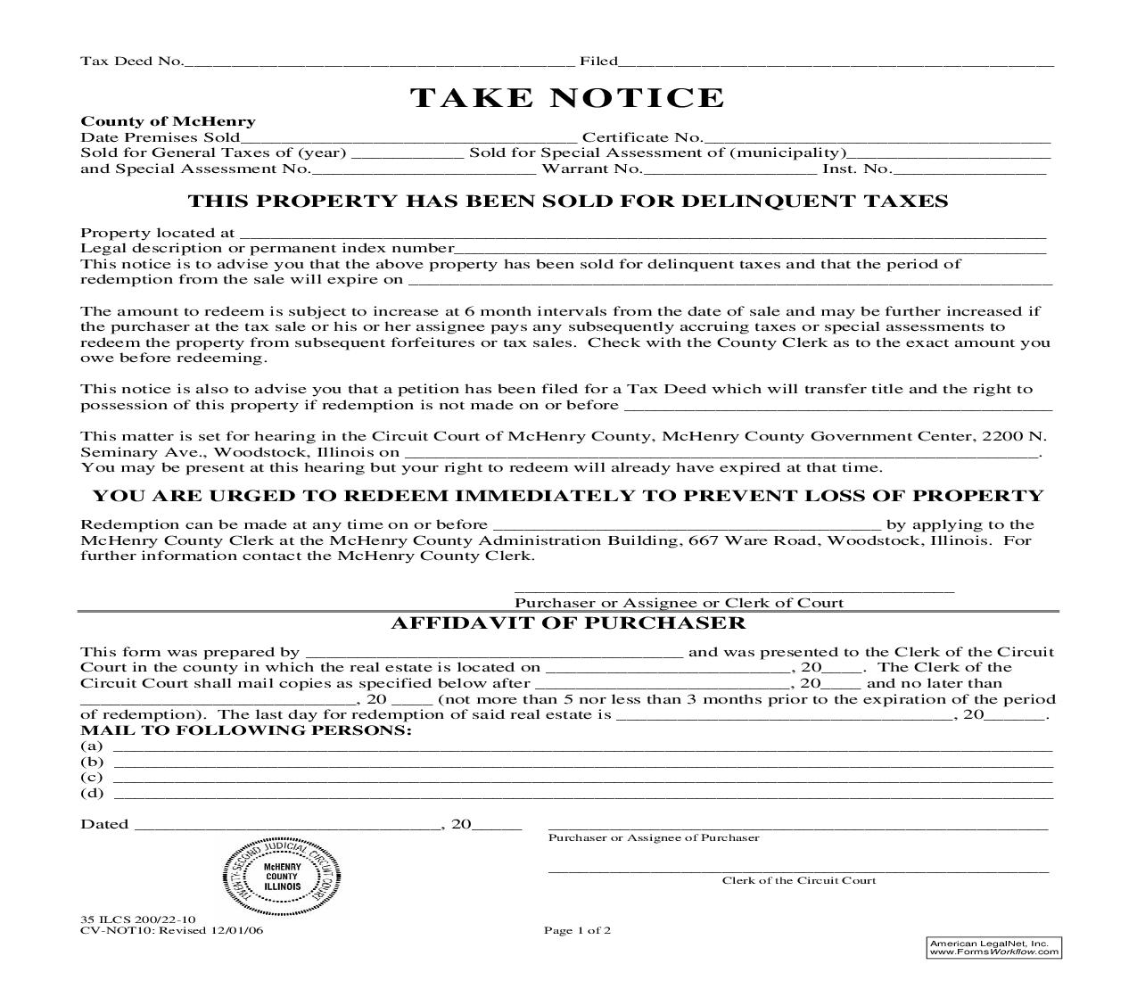 Take Notice {CV-NOT10} | Pdf Fpdf Doc Docx | Illinois