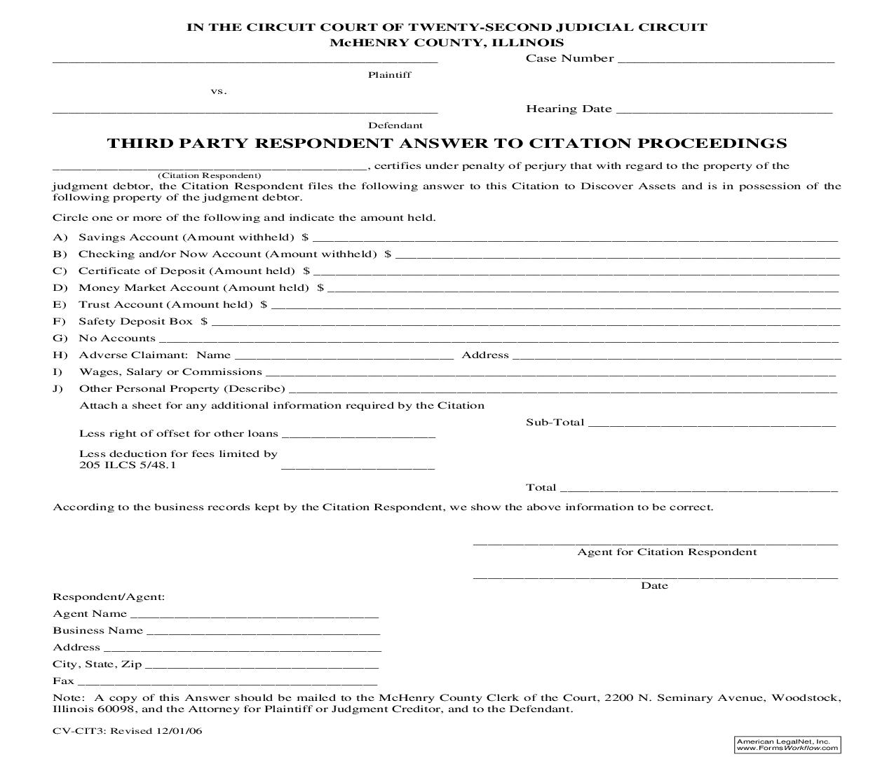 Third Party Respondent Answer To Citation Proceedings {CV-CIT3} | Pdf Fpdf Doc Docx | Illinois