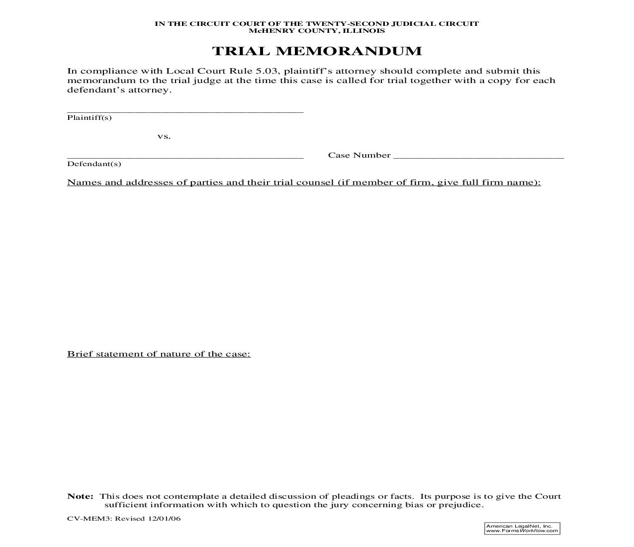 Trial Memorandum {CV-MEM3} | Pdf Fpdf Doc Docx | Illinois