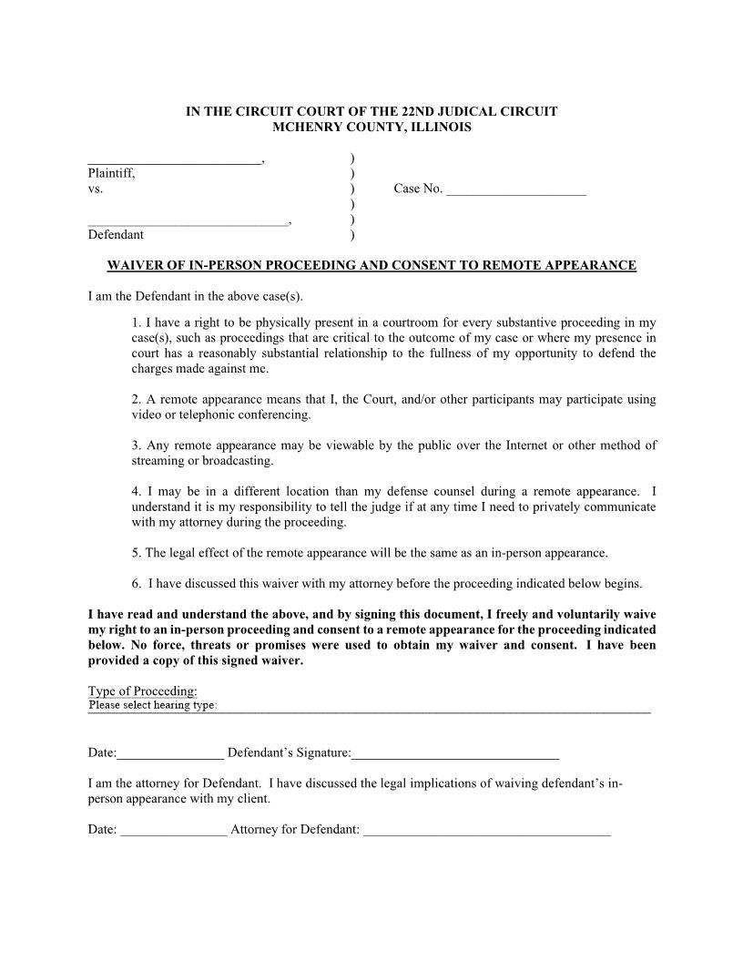 Waiver Of In-Person Proceeding And Consent To Remote Appearance | Pdf Fpdf Docx | Illinois
