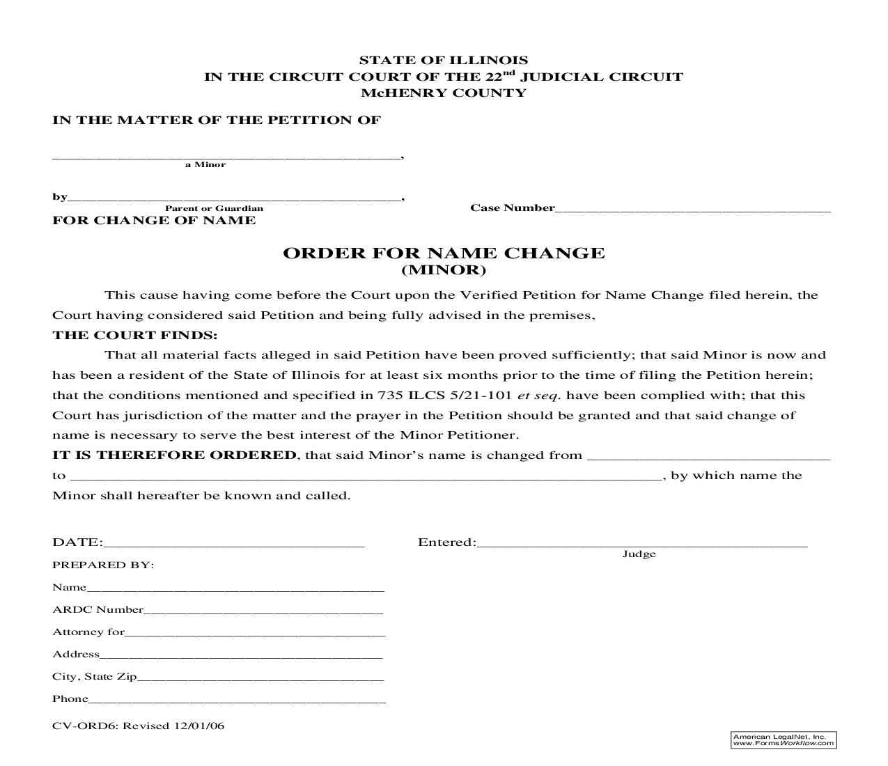 Order For Name Change Minor {CV-ORD6} |  | Illinois