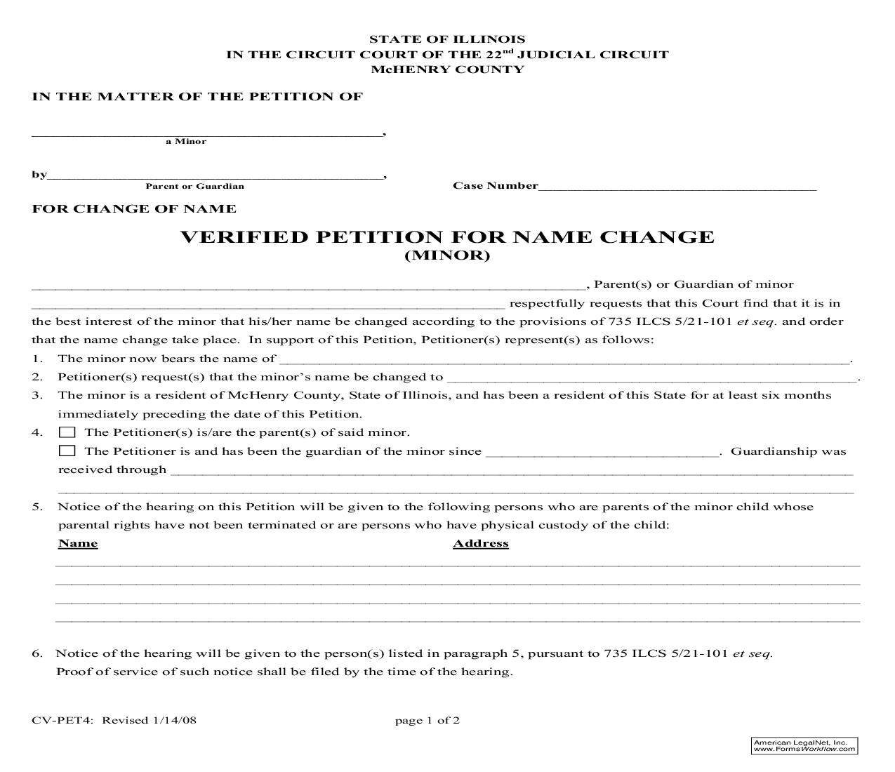 Verified Petition For Name Change Minor {CV-PET4} |  | Illinois