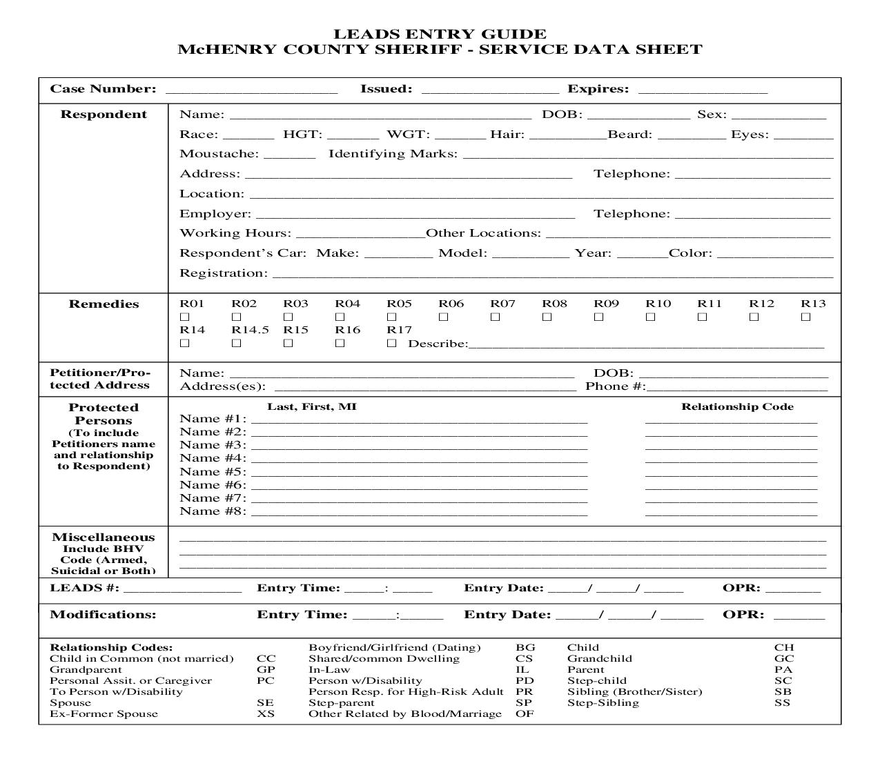 LEADS Entry Guide - McHenry County Sheriff - Service Data Sheet | Pdf Fpdf Doc Docx | Illinois