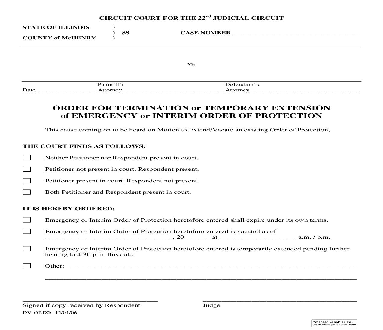 Order For Termination-Temporary Extension Of Emergency-Interim Order Of Protection {DV-ORD2} | Pdf Fpdf Doc Docx | Illinois