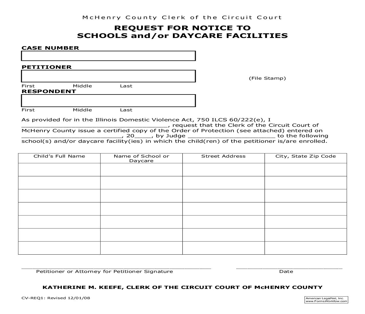 Request For Notice To Schools And Or Daycare Facilities {CV-REQ-1} | Pdf Fpdf Doc Docx | Illinois