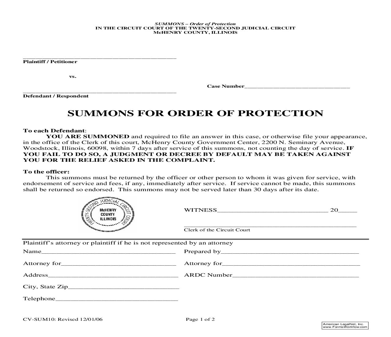 Summons For Order Of Protection {SUM10} | Pdf Fpdf Doc Docx | Illinois
