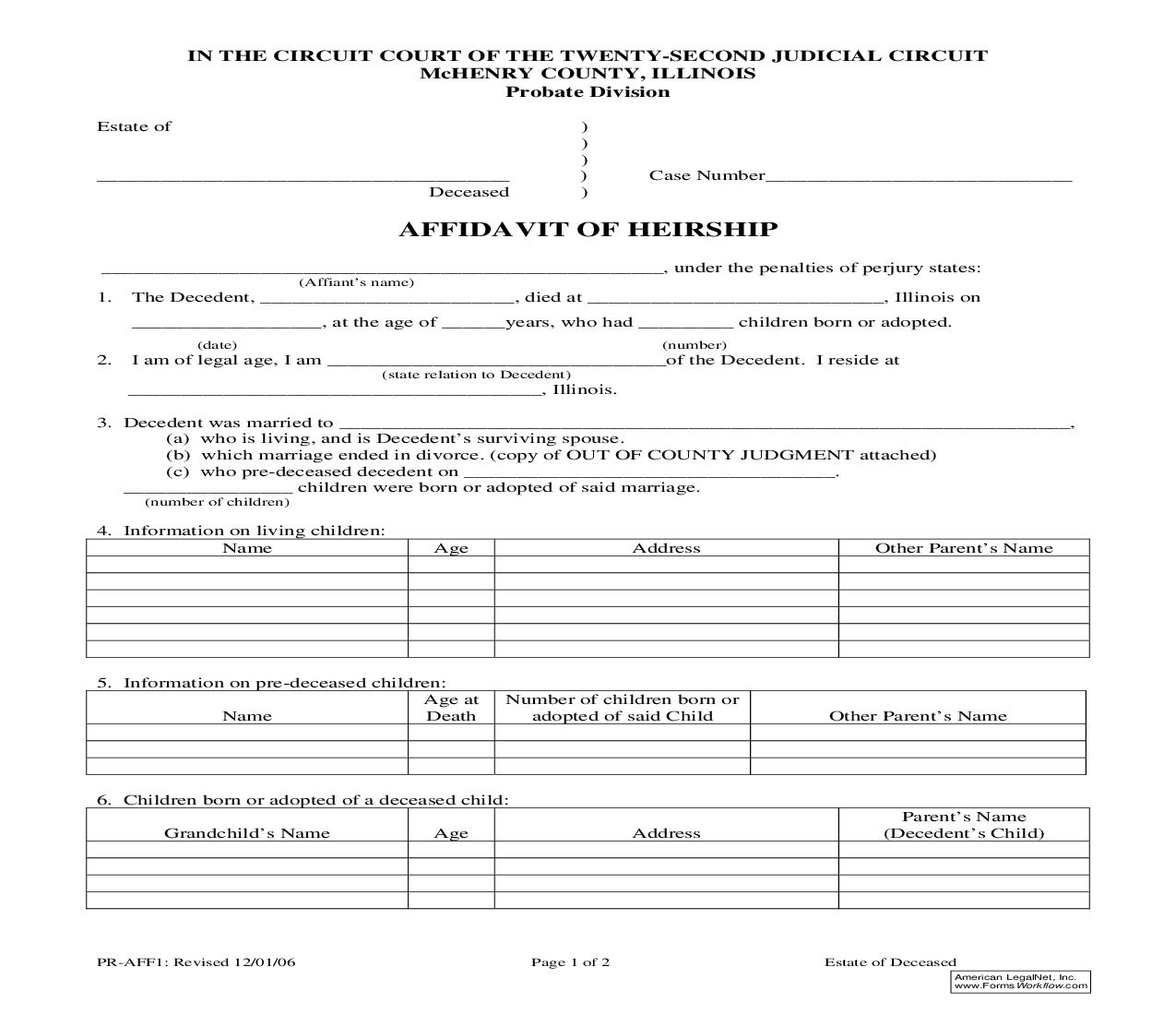 Affidavit Of Heirship {PR-AFF1} | Pdf Fpdf Doc Docx | Illinois