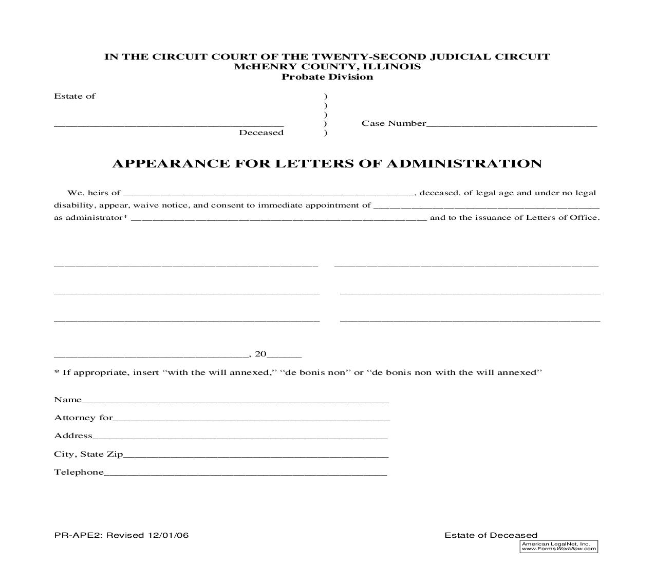 Appearance For Letters Of Administration {PR-APE2} | Pdf Fpdf Doc Docx | Illinois
