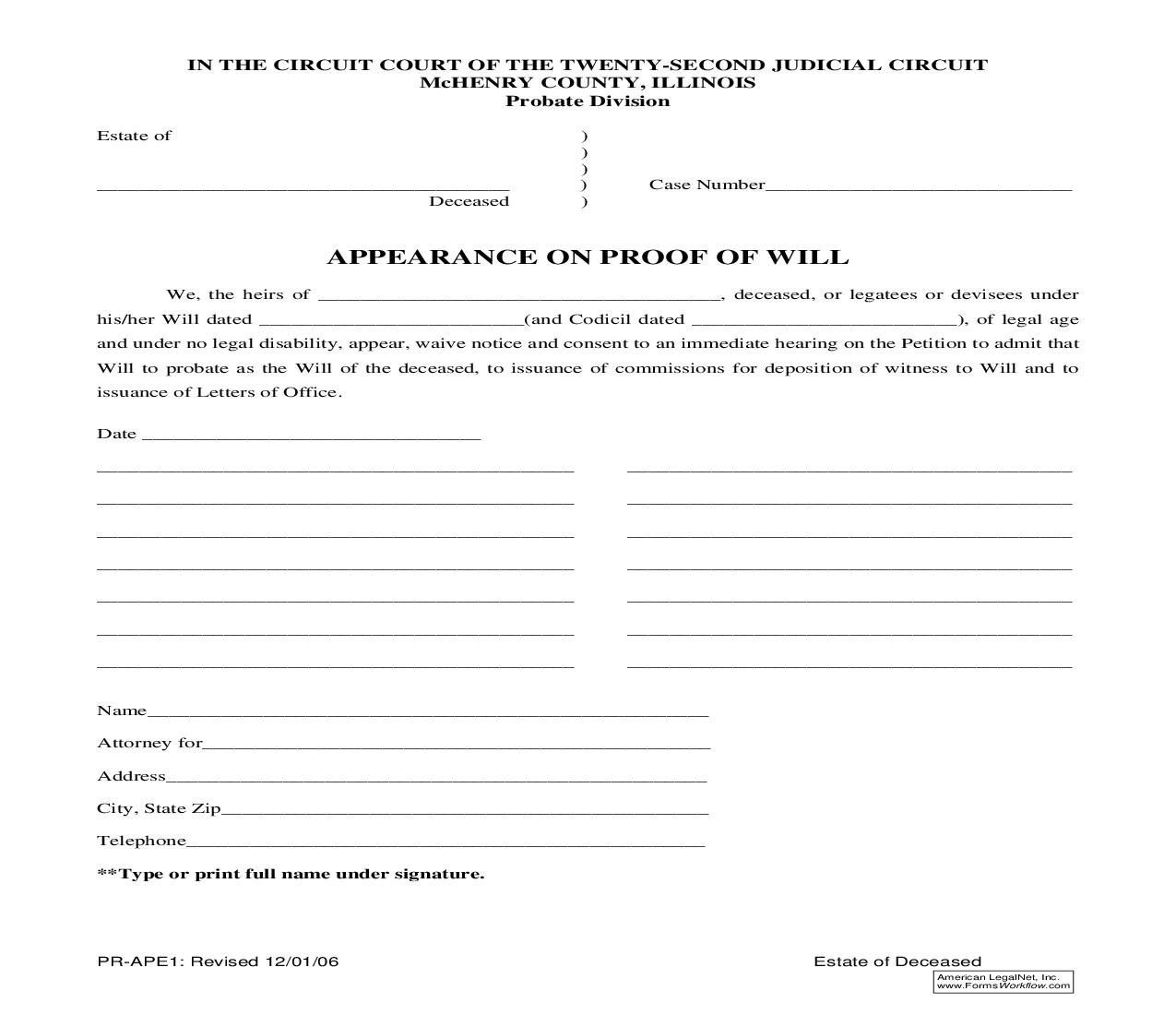 Appearance On Proof Of Will {PR-APE1} | Pdf Fpdf Doc Docx | Illinois