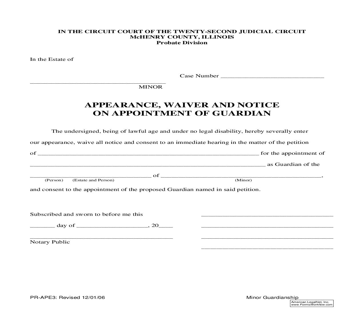 Appearance Waiver And Notice On Appointment Of Guardian {PR-APE3} | Pdf Fpdf Doc Docx | Illinois