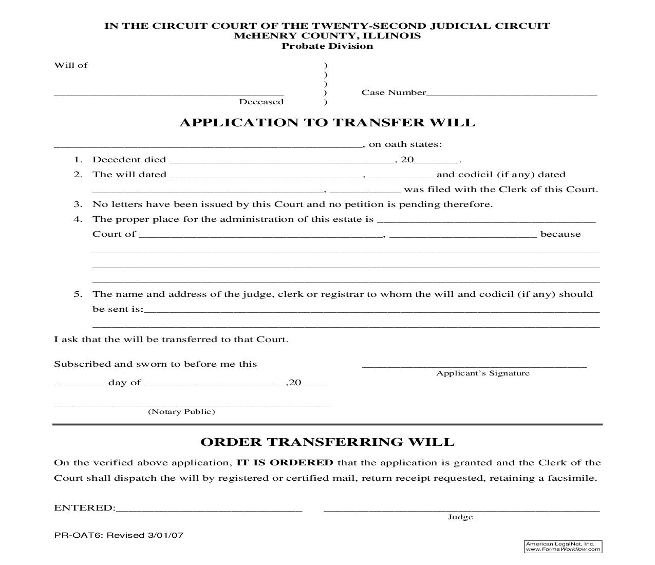 Application-Order To Transfer Will {PR-OAT6} | Pdf Fpdf Doc Docx | Illinois
