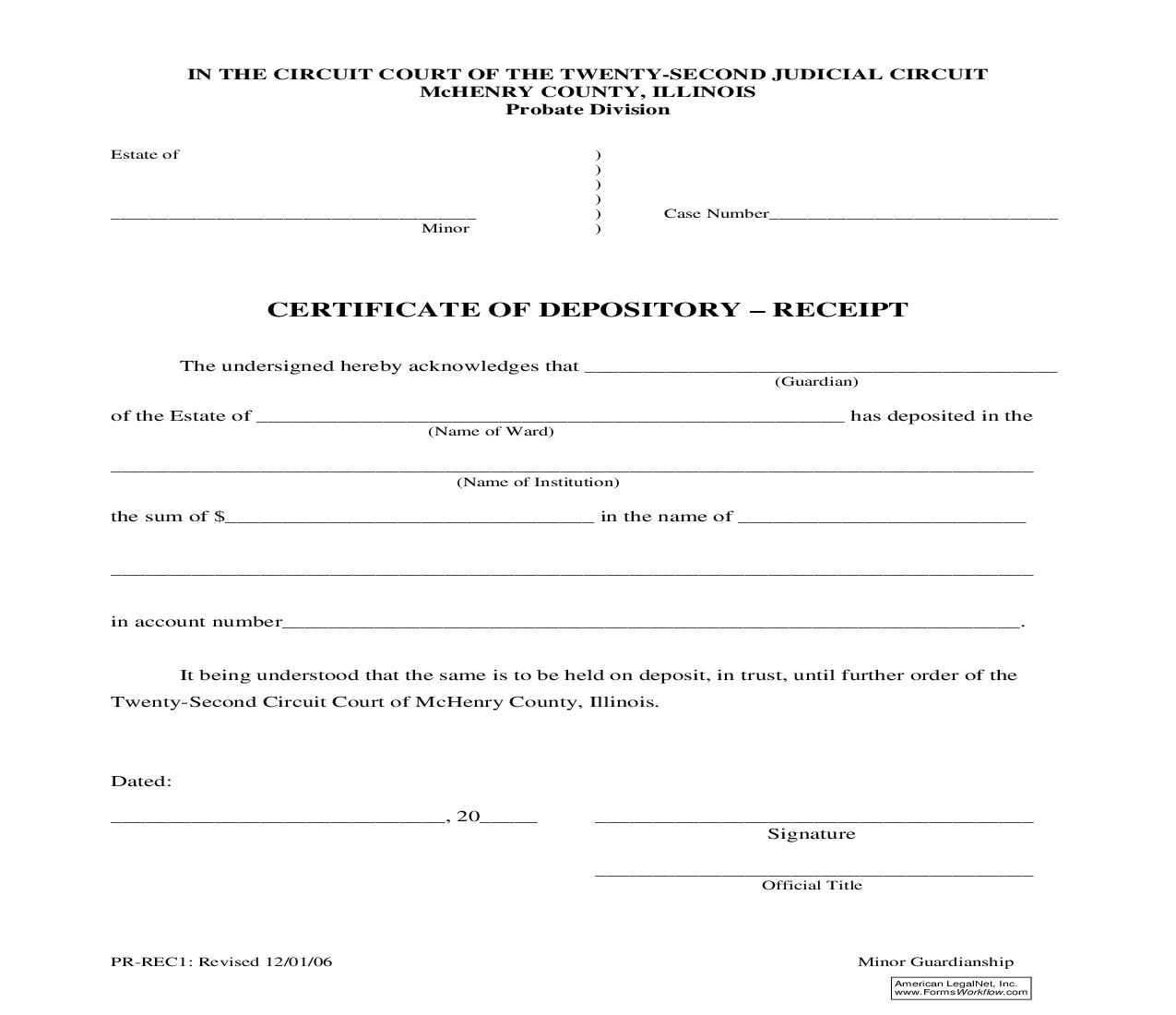 Certificate Of Depository Receipt {PR-REC1} | Pdf Fpdf Doc Docx | Illinois
